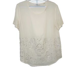 Equipment Femme Silk Blouse Lace Hem Ivory Short Sleeve Top M